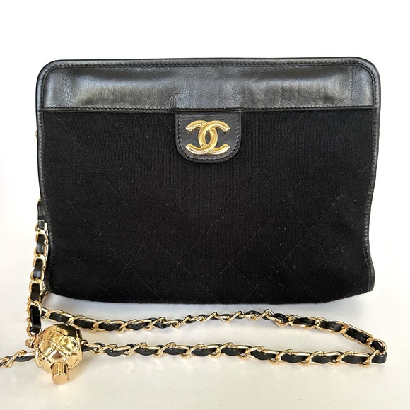 ๐ฏ CC Black Cotton Leather Clutch on Chain w/ auth cert - Picture 1 of 13